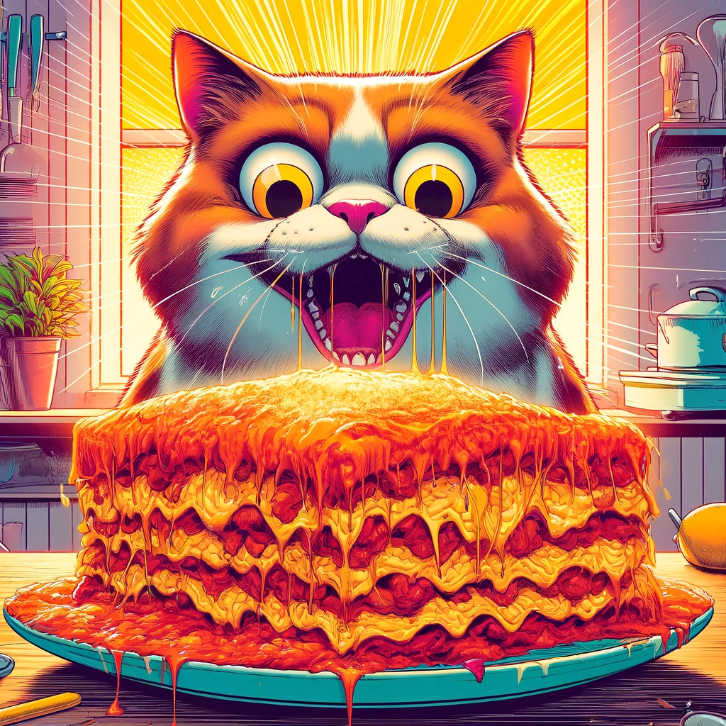 Cat about to eat lasagna on a plate